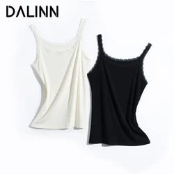 DALINN-camisolas informales para mujer, 30% seda, 70% algodón, cuello de encaje, sin mangas, camiseta acogedora, blanco y negro, primavera y verano 2023