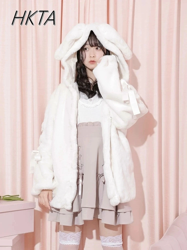 Japanese Clothes 2023 Autumn Winter Cotton Coat Sweet Cute Thickening Fur Coat Mine Series Mass- Produced Rabbit Ears Plush Coat