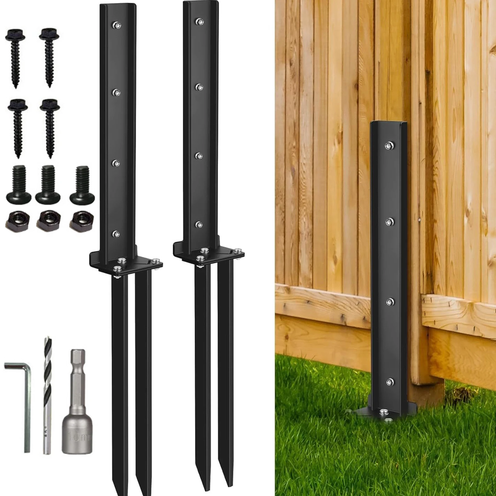 2pcs Fence Post Anchor Repair Kit Post Support Stakes Anchor Ground Spike for Repair Tilted Broken Wood Fence Post Enveloping