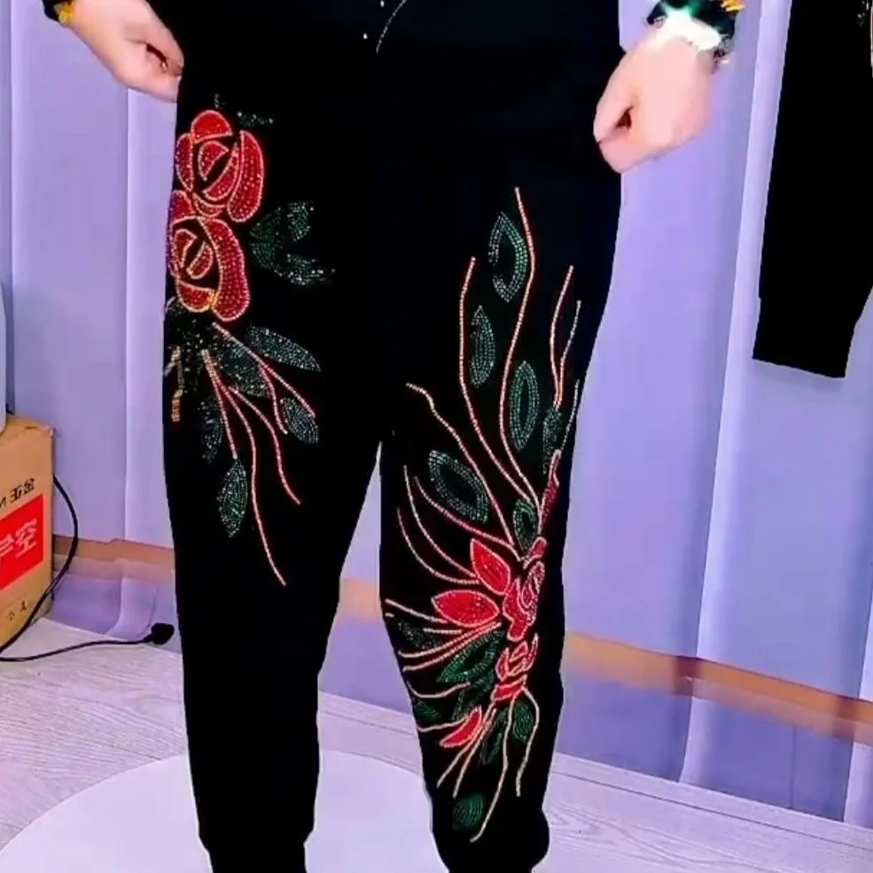 

Beading Sweatpants 2025 Spring Autumn Elastic Waistline Women Pants Slim Fit Casual Shiny Pants
