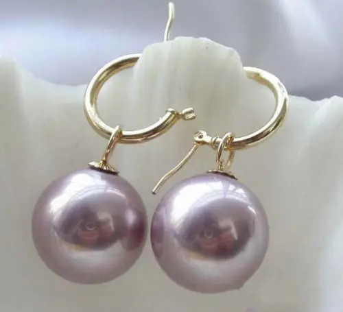 

PERFECT AAAA 16MM AAA+ Real AKOYA PURPLE SHELL PEARL EARRINGS 14K GOLD