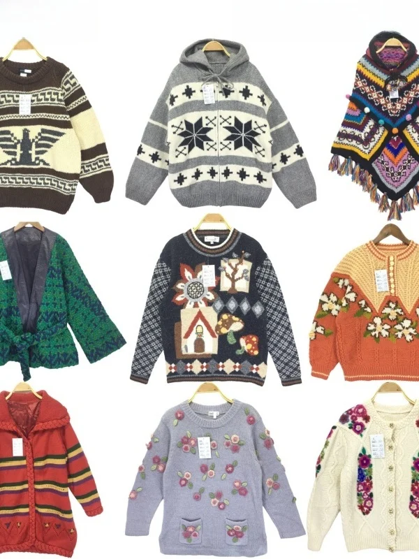 Vintage Hand-Knitted Sweater Jacket Embroidered Eagle Carving Thunderbird Nordic Forest System Long Sleeve round Neck Warmth
