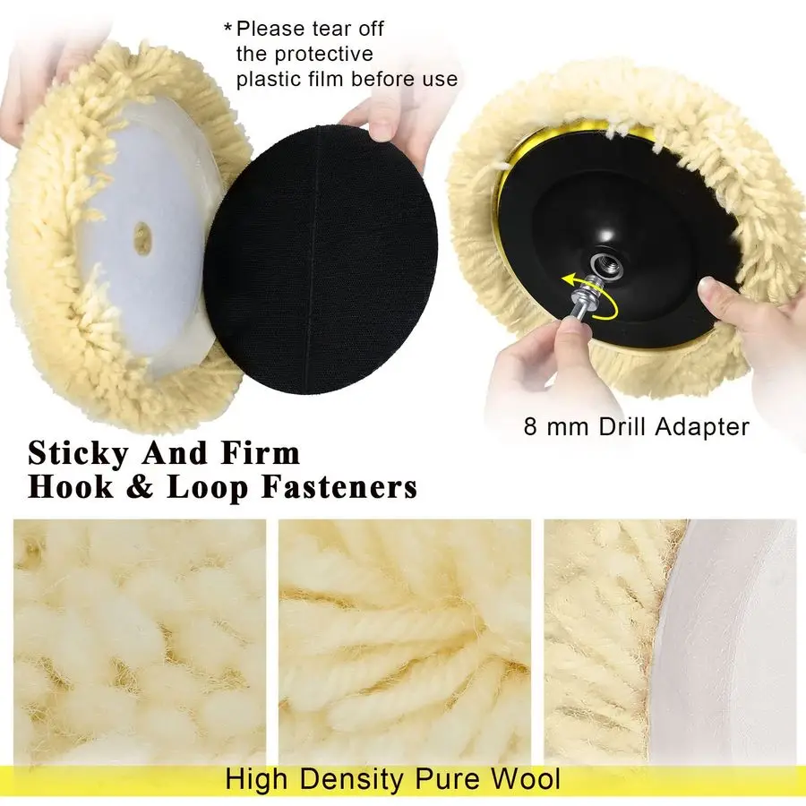 

6 Pcs 8 Inch Wool Buffing Polishing Pads Hook Loop Cutting Pads with Backing Plate for Car, Boat, Wood, Marble Surface Polishing