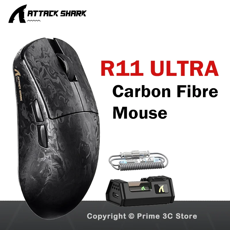 

ATTACK SHARK R11 Ultra 49g Lightweight Carbon Fiber Wireless Gaming Mouse 8000Hz PAW3950MAX 42000DPI Tri-Mode Bluetooth Wired