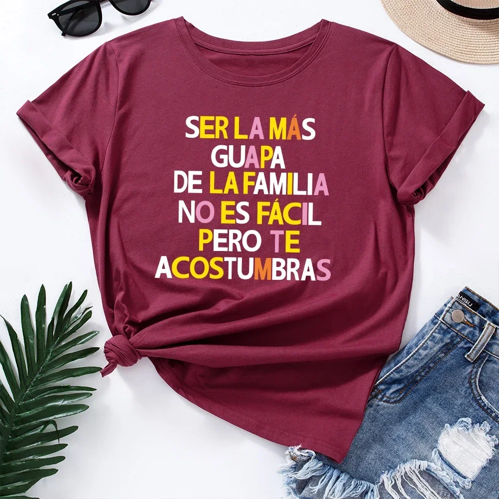 Camiseta de manga curta feminina, estampa simples espanhola, tops femininos de harajuku, camiseta feminina de algodão, verão, 2022