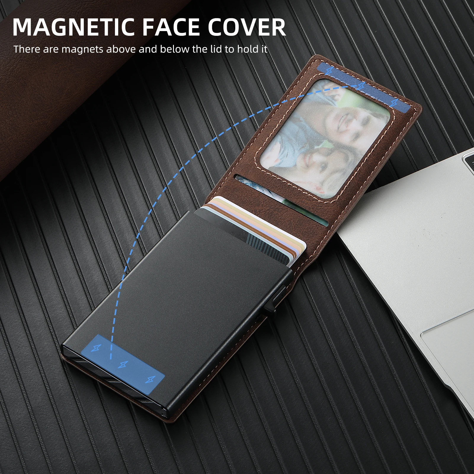 Business Flip Side Push Leather Card Holder for Men Photo ID Window Push Out Bag Multi Card Slots Daily Use Pocket Size Purse