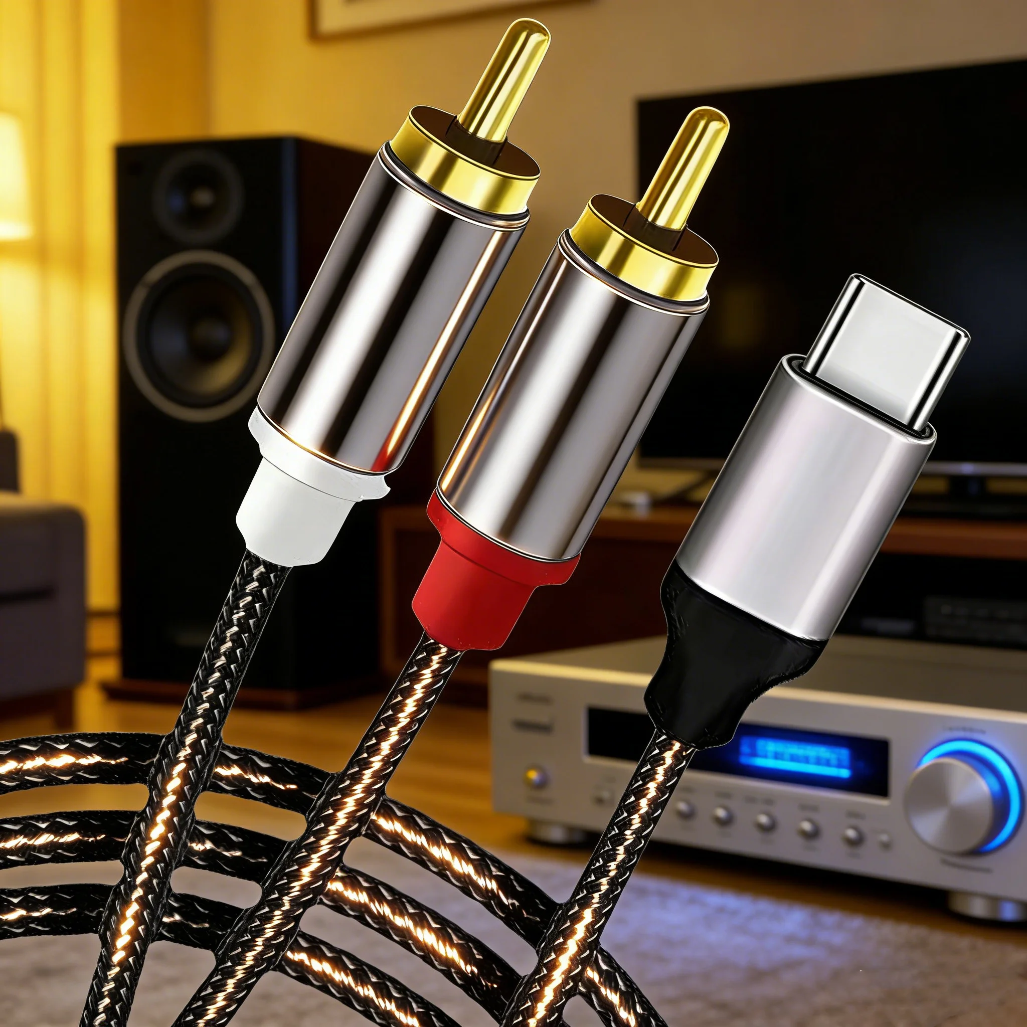 Type-C & 3.5mm Jack to 2 RCA Audio Cable, 2RCA Male Aux Stereo Splitter Adapter Cord, Compatible with TV Box, Apple TV, Speakers