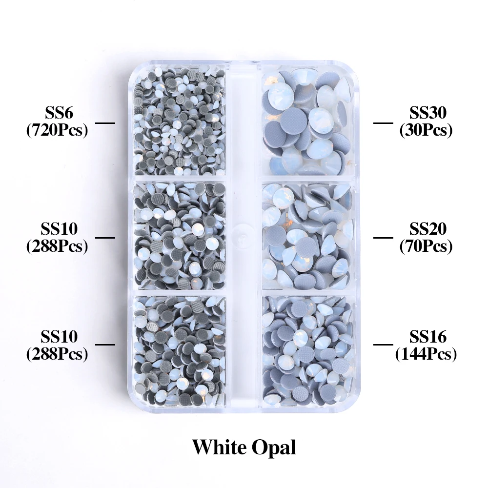 SS6-SS30 Gemengde Maten Glas Hotfix Steentjes 6Grid Box Platte Achterkant Glitter Kristal Strass Ijzer Op Steentjes voor Kleding