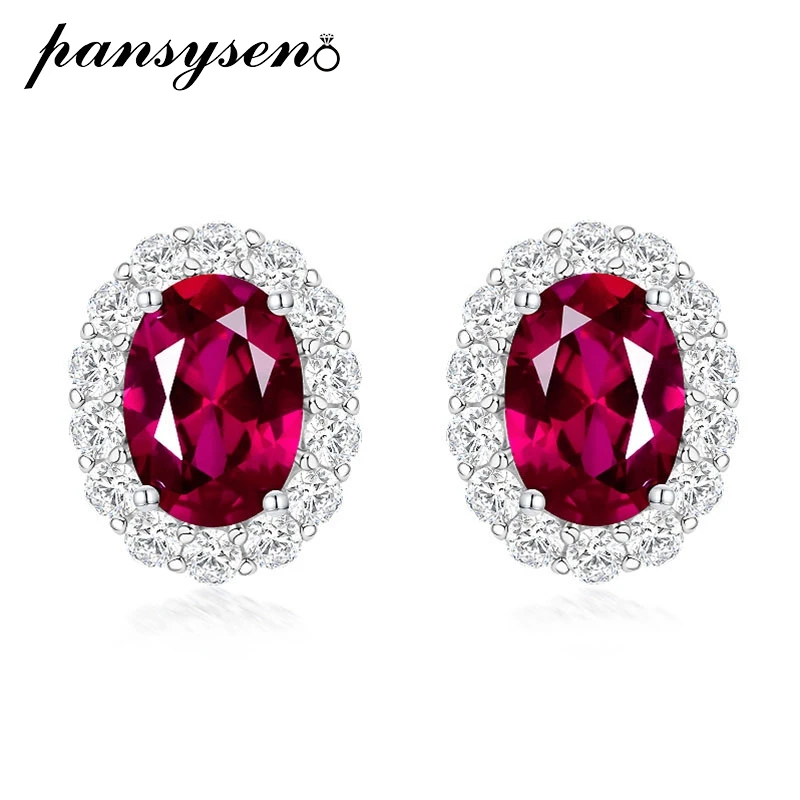 PANSYSEN 100% 925 Sterling Silver Oval Cut Ruby Sapphire Lab Diamond Gemstone Stud Earrings 18K White Gold Plated Fine Jewelry