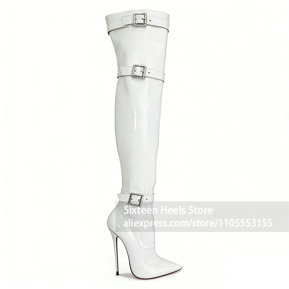 

16cm Buckle Lock Over-the-Knee Boots Multipe Belt Buckle Stiletto Boots Sexy Fetish Style Pointed Toe Lacquered Heel Boots Women