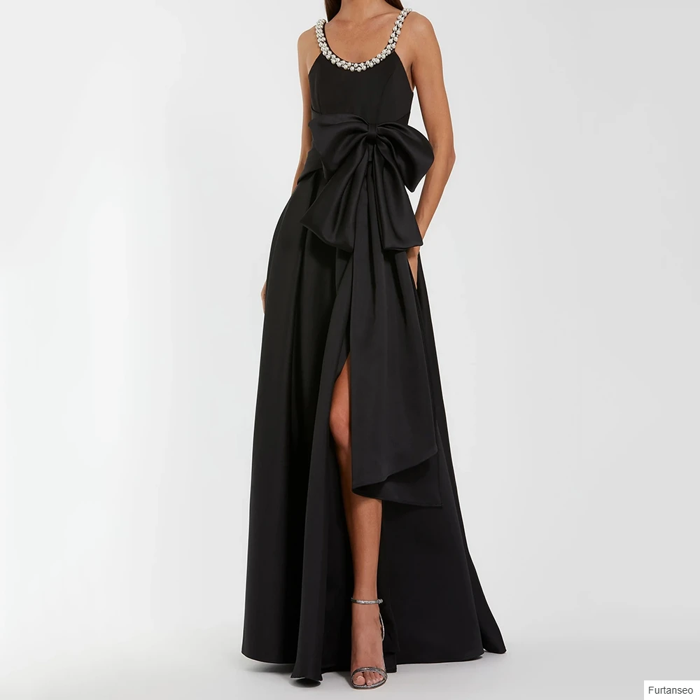 

Customized A-line Evening Dresses Floor-length Scoop-neck Sleeveless Prom Gown Fashion Bow Beading Simple Draped Party Gown