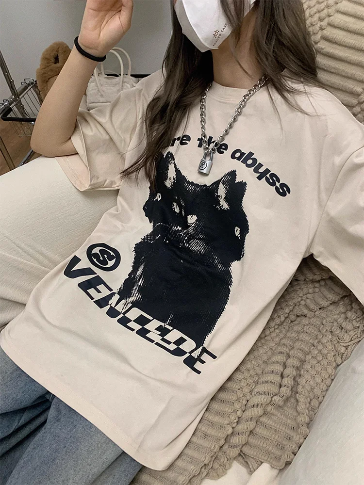 Men T-Shirt Oversized Streetwear Hydra Cat Graphic Cotton Hip Hop Y2k Tops Short Sleeve Tees Korean Fashion Aesthetic Clothing