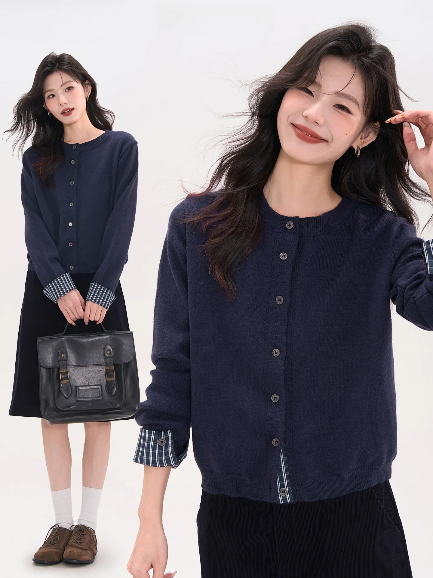 

Женский вязаный кардиган Heme Art Muse в клетку с круглым вырезом и длинными рукавами, весенний повседневный свободный топ на пуговицах