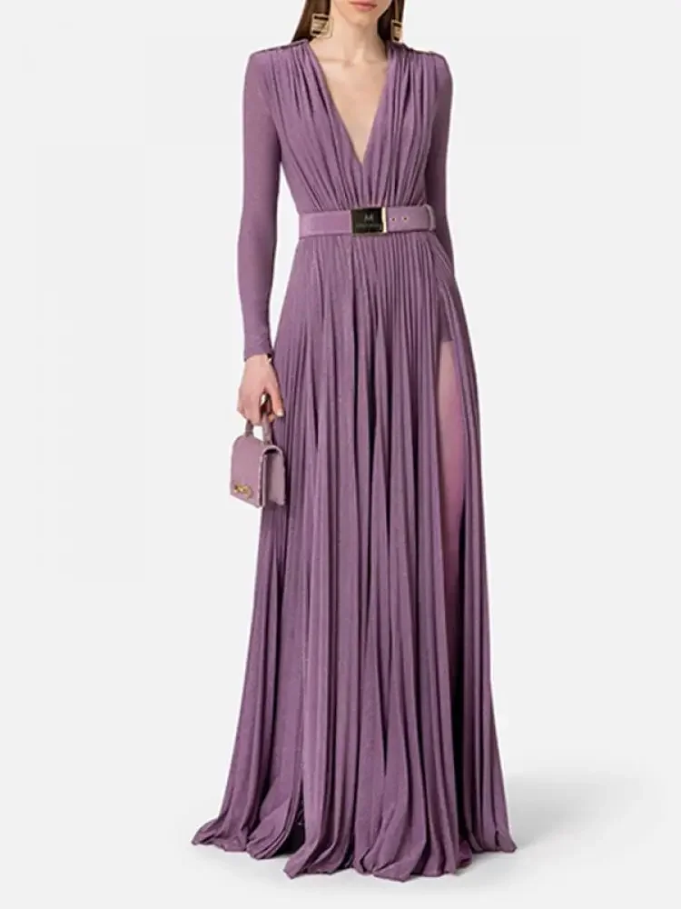 Jennifer 2024 Belted Pleated Solid Color Split-side Long Sleeves Wrap V-neck Maxi Dresses Elegant Evening Dresses for Ladies