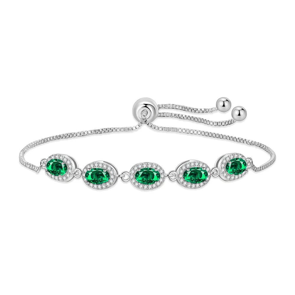 Oval Cut Green Simulated Nano Emerald 925 Sterling Silver Geometric Adjustable Bracelet Woman Luxury Gemstone Jewelry Pulseiras