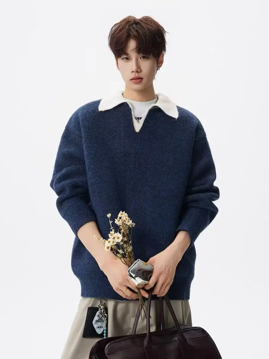 

Ретро-свитер с воротником, вязаный, мужской, осенне-зимний, теплый, парный, имитация двухслойности, двухцветный, с эффектом высокого качества