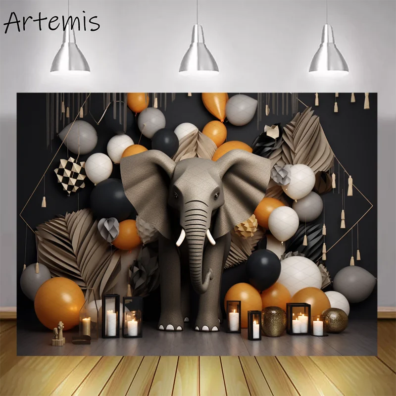 Cake Smash Photography Backdrop Elephant Balloon Dark Black Beige Geometric Decoration Birthday Portrait Background Photo Studio