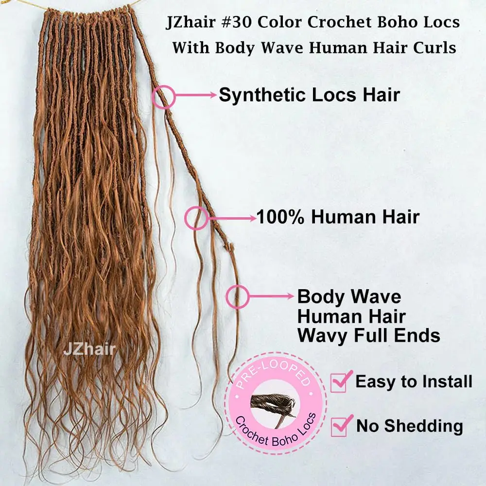สี 30 โครเชต์ Boho Locs ผมมนุษย์ Body Wave Pre-looped Locs ผมโครเชต์ผมมนุษย์ Wave ปลายเต็มสําหรับผู้หญิง