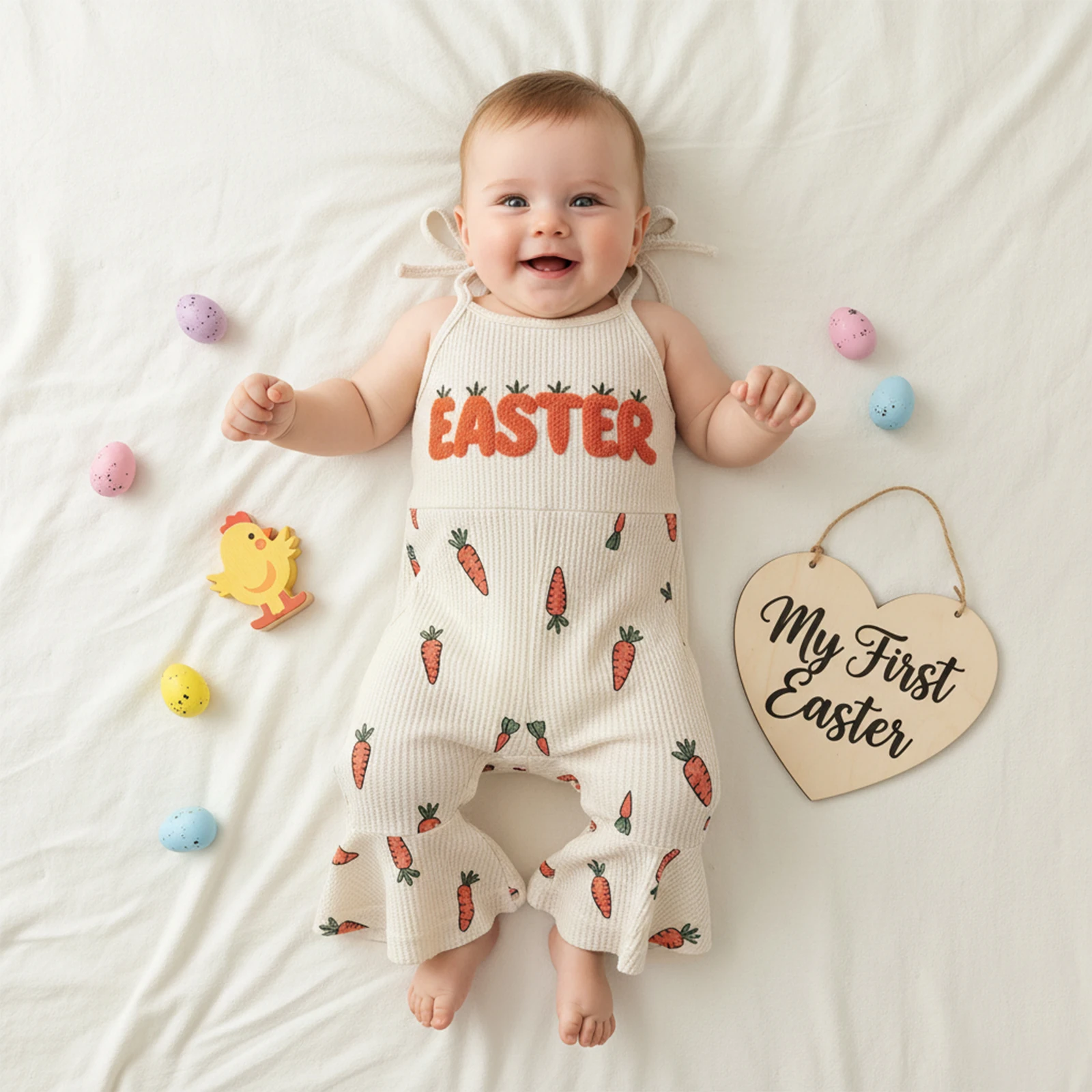 Baby Kid Girls Jumpsuit, Sleeveless Carrot Print Embroidery Letters Flare Pants Romper Easter Clothes
