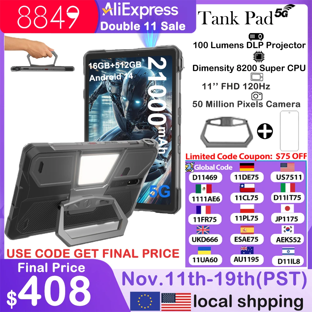 8849 TANK PAD Unihertz Rugged Tablet Projector 10.95 inch 120Hz 32GB 512GB 21000mAh 32MP+50MP 66W Phone Tablet