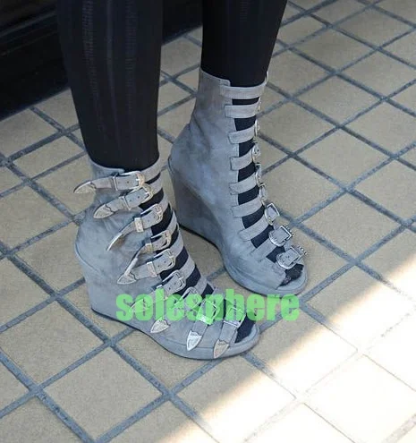 

Lady Suede Buckle Strap Ankle Wedge Heel Sandals Boots Open Toe Suede Gray Runway New Arrive Summer Shoes Office Boots Pumps 46