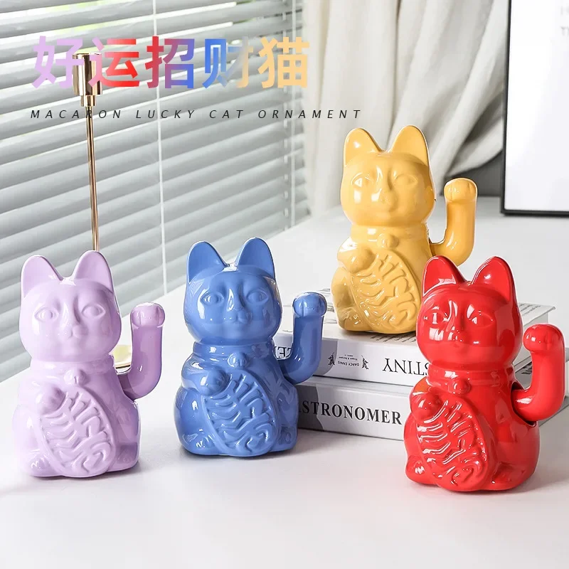 5.9 Inch Ceramic Lucky Cat Waving Arm Maneki Neko Beckoning Cat for Fortune Luck Wealth Prosperity Decoration Fengshui Ornament
