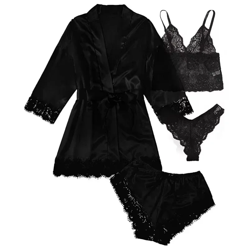 Women’s Summer Sexy Pajama Pants Set 4 Pieces Lace Satin With Silk Sleepwear Robe Fashion And Comfortable Nightwear 6 Women's Summer Sexy Pajama Pants Set 4 Pieces Lace Satin With Silk Sleepwear Robe Fashion And Comfortable Nightwear 6