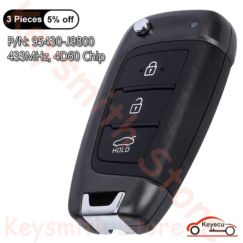 KEYECU 3 Buttons 433MHz 4D60 Chip for Hyundai Kona 2017-2022 Auto OEM Flip Remote Key Fob P/N: 95430-J9800 FCC ID: OKA-450T