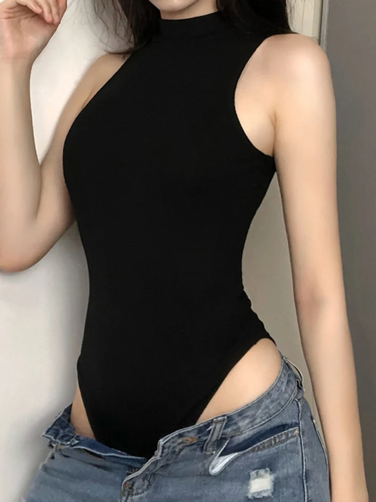 Rapcopter Black Knitted Bodycon O Neck Sleeveless Basic Slim Bodysuits Women Korean Harajuku Summer Streetwear Casual Rompers