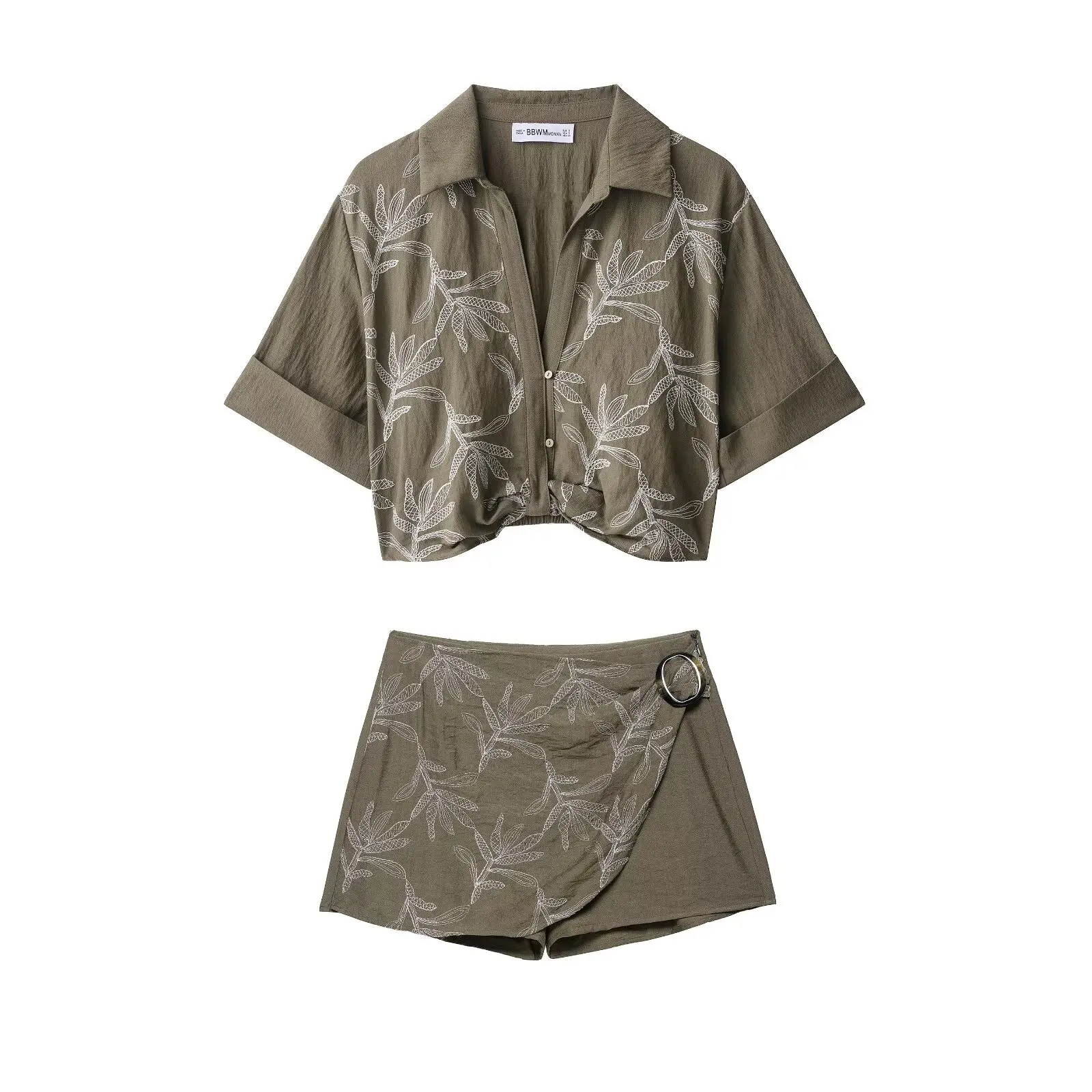 Retro Military Green Elegant Women's Suit Embroidered Short-Sleeved Shirt + Zipper-Fastened Slim-Fit Mini Skirt 2025 Casual Suit