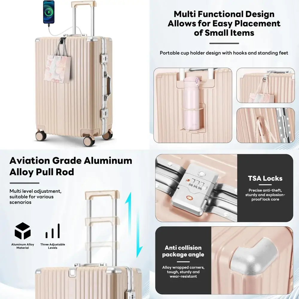 

Lightweight 20 Inch Hardside TSA Approved Carry-On Suitcase with USB Port and Cup Holder for Travel Convenience