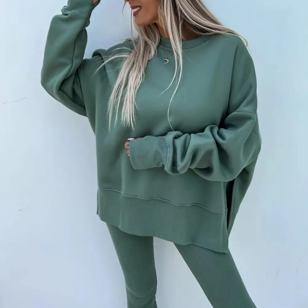 Solid Color Sports Outfit Stylish Women\'s Winter Tracksuit Set with Irregular Hem Sweatshirt Solid Color Trousers for Cold