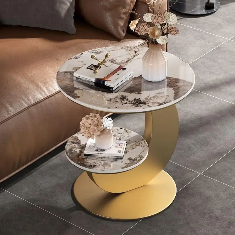 

2-Tier Sofa Side Table, Modern Round Stone Table w/Storage, Small Bedside Nightstand w/Metal Base (Pandora Top Gold Base)