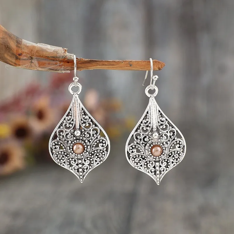 Ethnic Silver Color Round Brown Stone Hook Earrings Vintage Metal Carving Hollow Spiral Pattern Dangle Earrings for Women