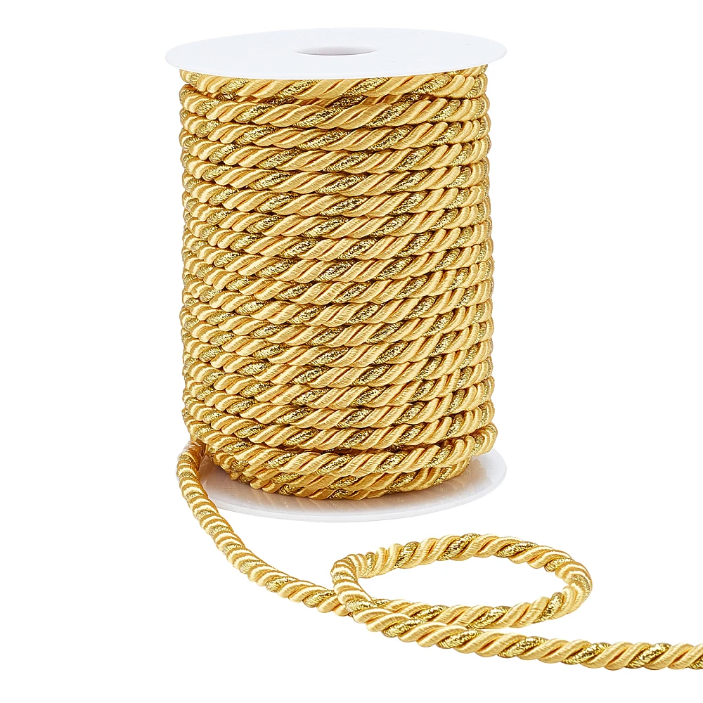 

1roll 25 Yards golden Trim Cord 5mm Twist Cords Triple-Strand Rope Silk Ropes Solid Decorative Twine Cord for Christmas