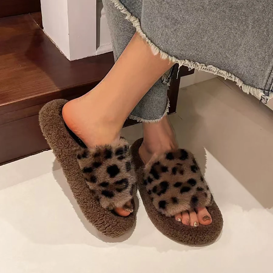 AYANA Leopard Print Slippers With Fur Plush House Slippers Flat Sandals For Women Fuzzy Open Toe Slippers Anti Skip