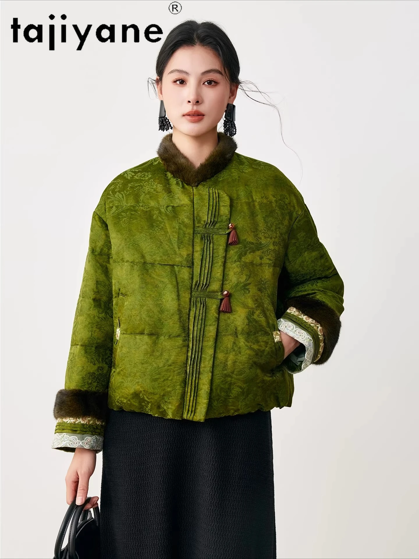 TAJIYANE 90%グースダウンジャケット レディース ショートジャカードダウンコート ミンクファーカラー パファージャケット 2025冬 レディース服 ダウンジャケット