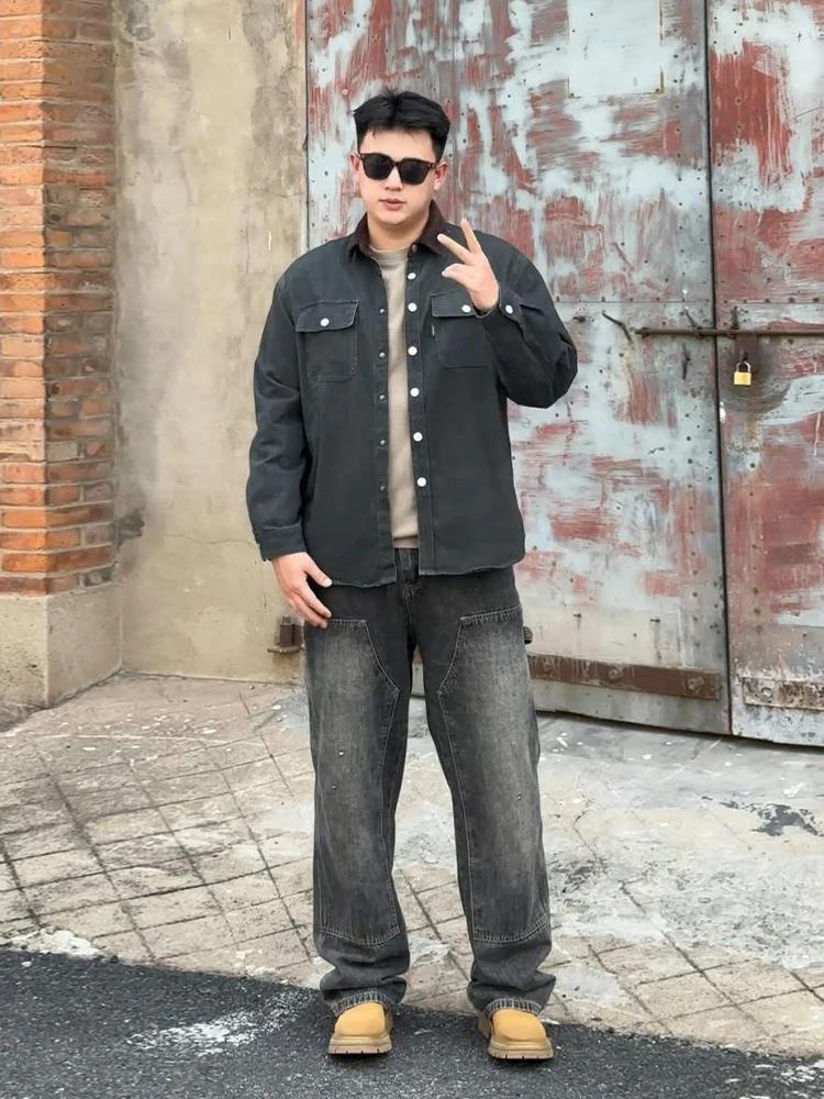 

Grayish Black Jeans Straight Leg Timberjack Style for Overweight Men Large Butt High Street American Fashion Workwear Trousers