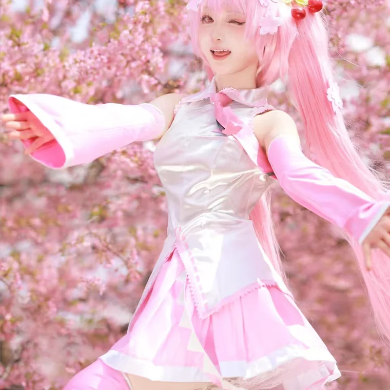 Japanese Virtual Idol Miku Pink Cosplay Costume Performance Uniform Suit Wig Spring Sakura Cherry Party Role Play Dress Up Skirt view 3