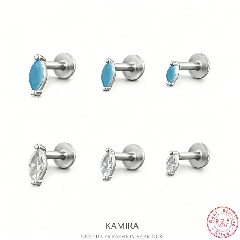 

KAMIRA 925 Sterling Silver Marquise CZ & Turquoise Flat Back Stud Earrings for Women Cartilage Piercing Jewelry Gift Accessories