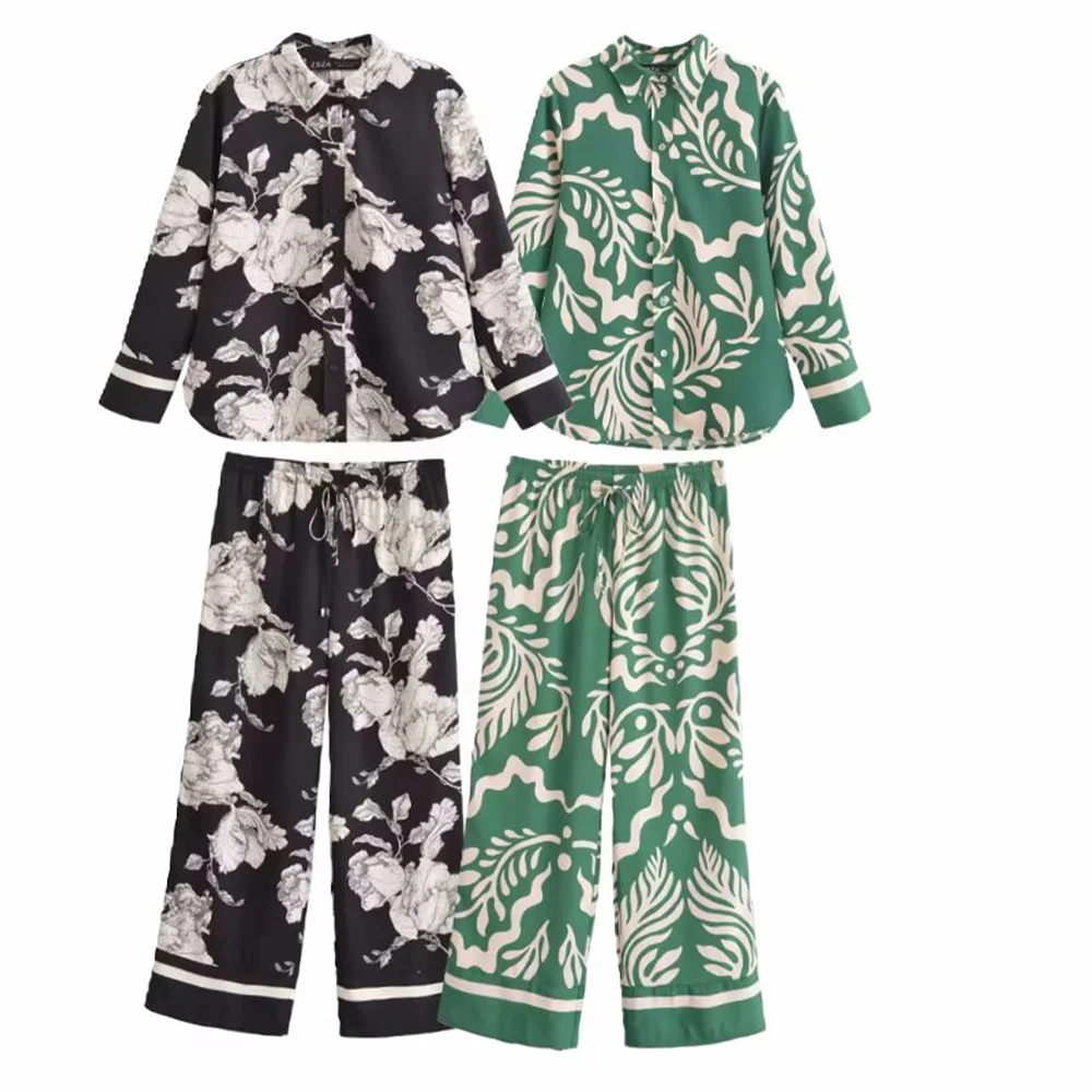 

2025 New Women's Clothing European and American Style Casual Fashion Printed Collar Long Sleeve Shirt&Drawstring Pants Set
