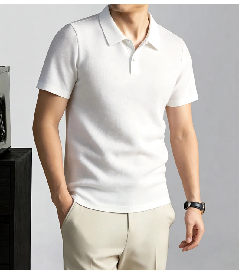 Modisches, einfarbiges Kurzarm-Poloshirt aus luxuriöser atmungsaktiver Eisseide für Herren Sommer Business Casual, bequem, vielseitig, T-Shirt – Detail 22