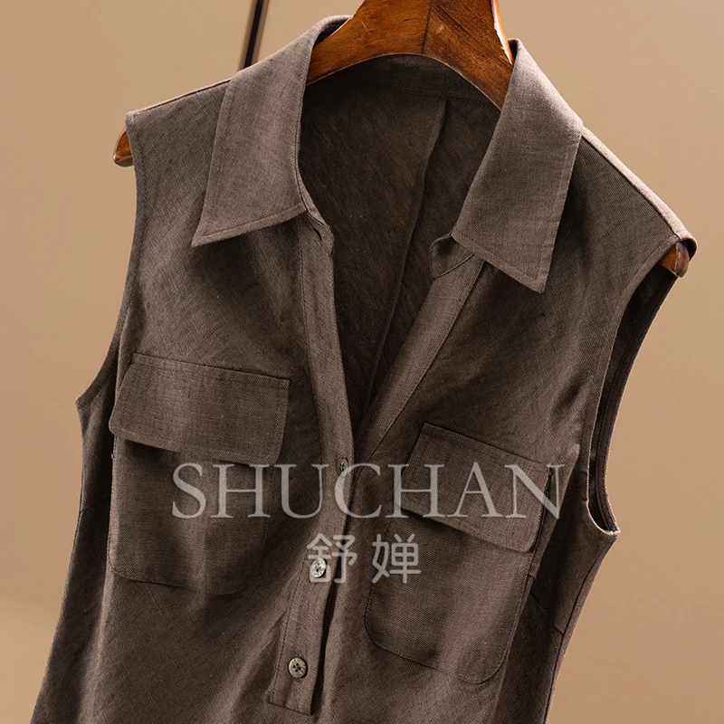 2025 Fashion Design Hemp Linen Diagonal Cut Waist Sleeveless Shirt Dress New Women 43B9 Sukienka urodzinowa dla kobiet