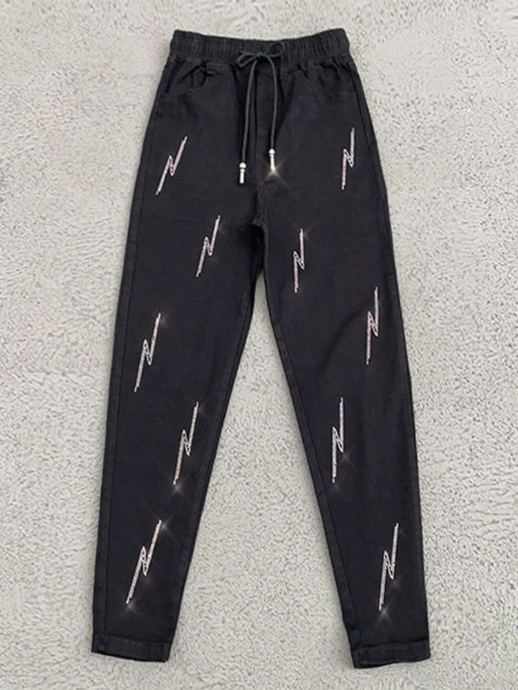 

Женские джинсы с эластичной талией и бриллиантовой отделкой, облегающие брюки-харлан, модные джинсы в корейском стиле из хлопкового эластичного денима