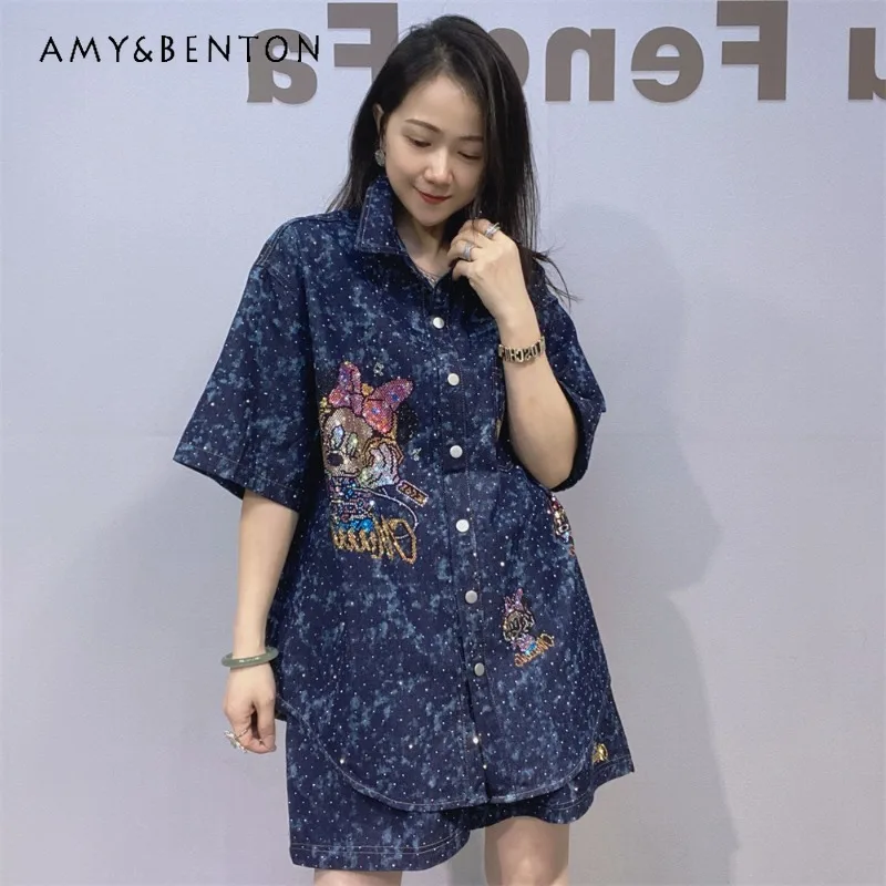 

New American Retro Style Diamond Drills Denim Shirt Top High Waist Wide Leg Shorts Two-pieces Set Women's Summer Fashion Outfits