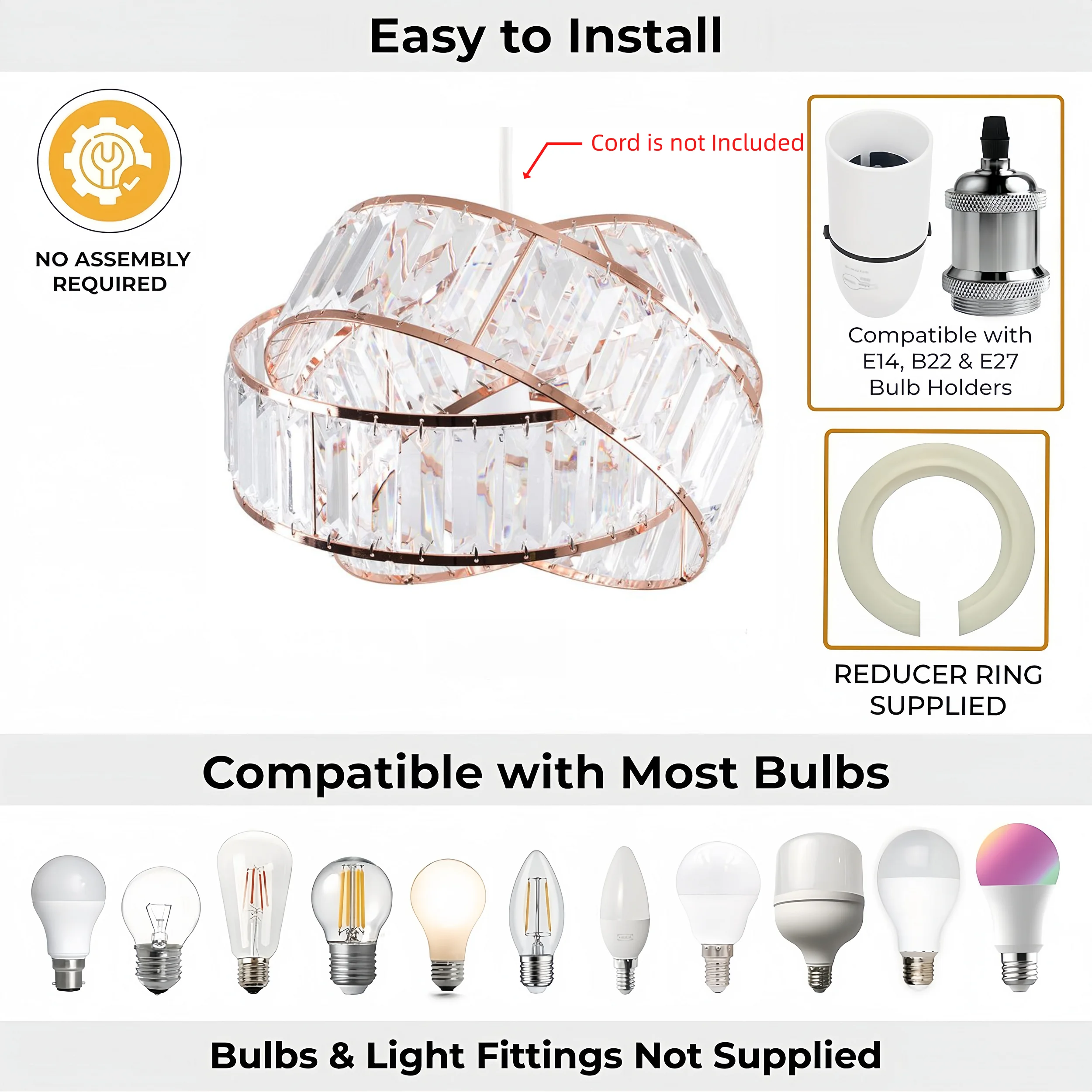 Lilia Acrylic Clear Easy Fit Pendant Light Ceiling Light Cover with Rose Gold Metal Frame