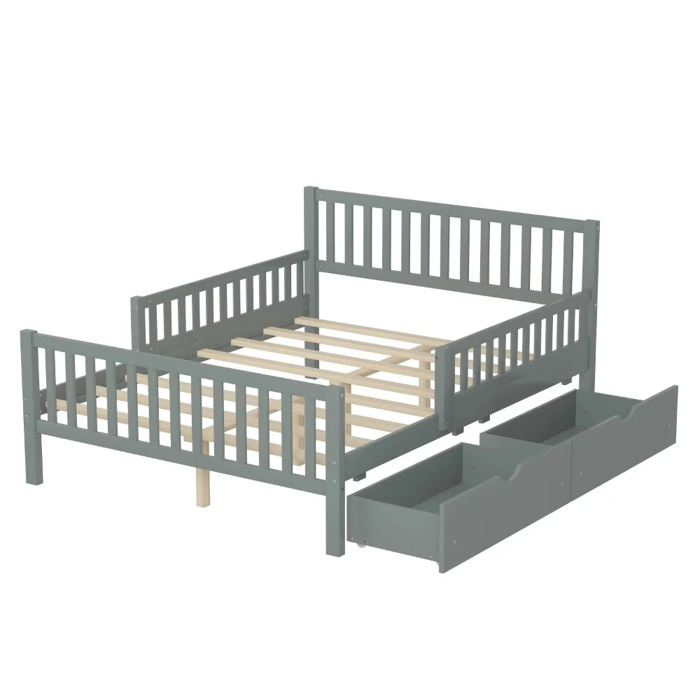 Full Bed with Storage Drawers and Fence Rails, Wood Platform Beds Frame with Headboard, Full Size Storage Bed