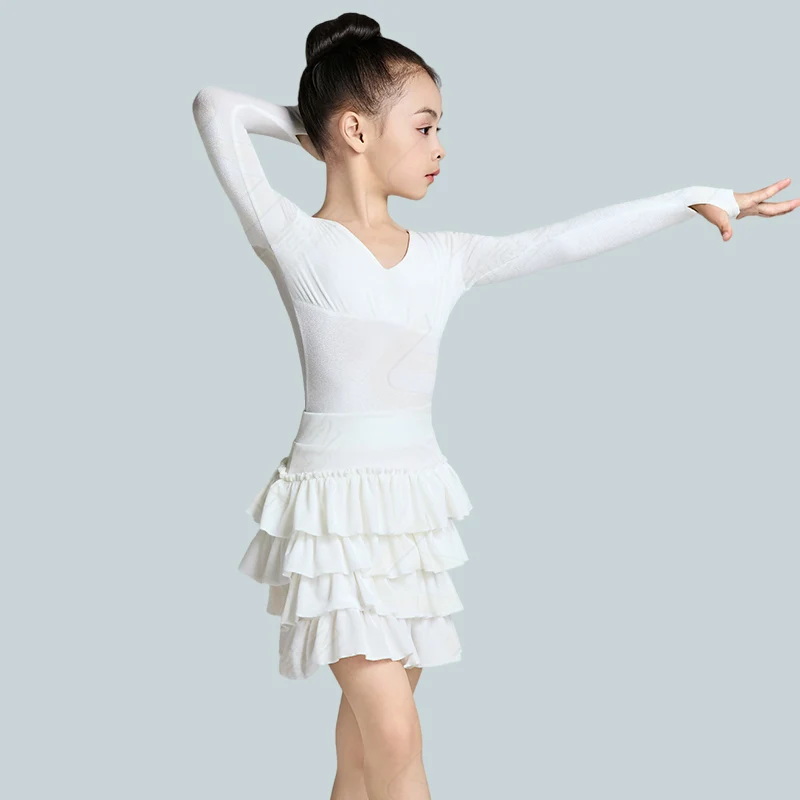 الأبيض اللاتينية ملابس الرقص الأطفال أداء الرقص دعوى طويلة الأكمام يوتار كعكة تنورة طفل تشا تشا رومبا ممارسة مجموعة VDL4695