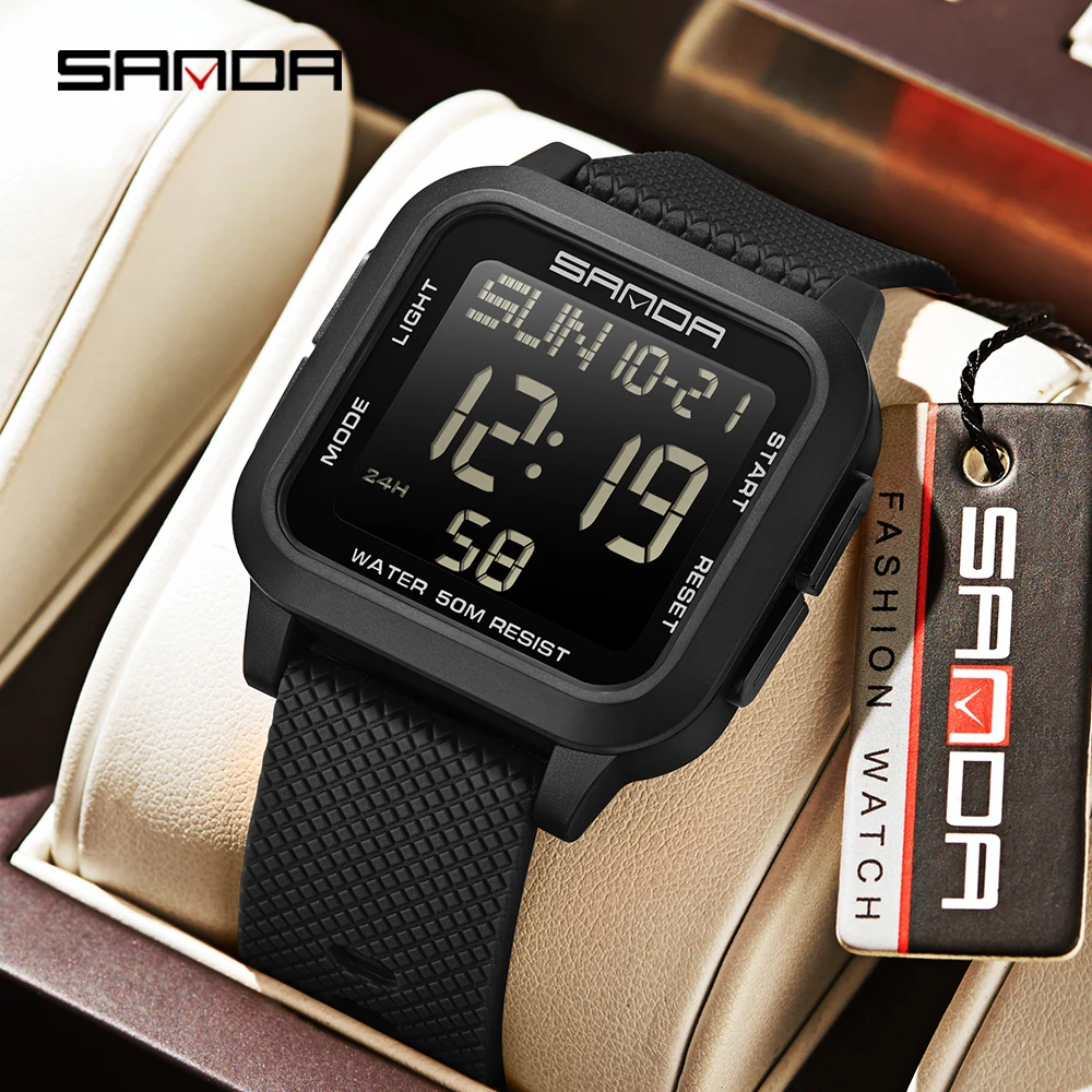 SANDA 2194 Waterproof Casual LED Digital Watch Mens Multifunctional Timing Electronic Clock Calendar Alarm Military Square Watch