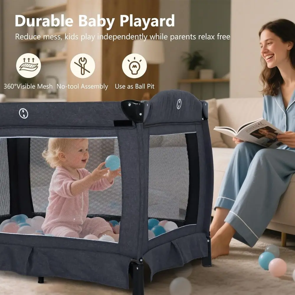 Compacte 4-in-1 speelplaats met wieg, commode en luifel, draagbare wieg voor baby's en peuters, donkergrijs